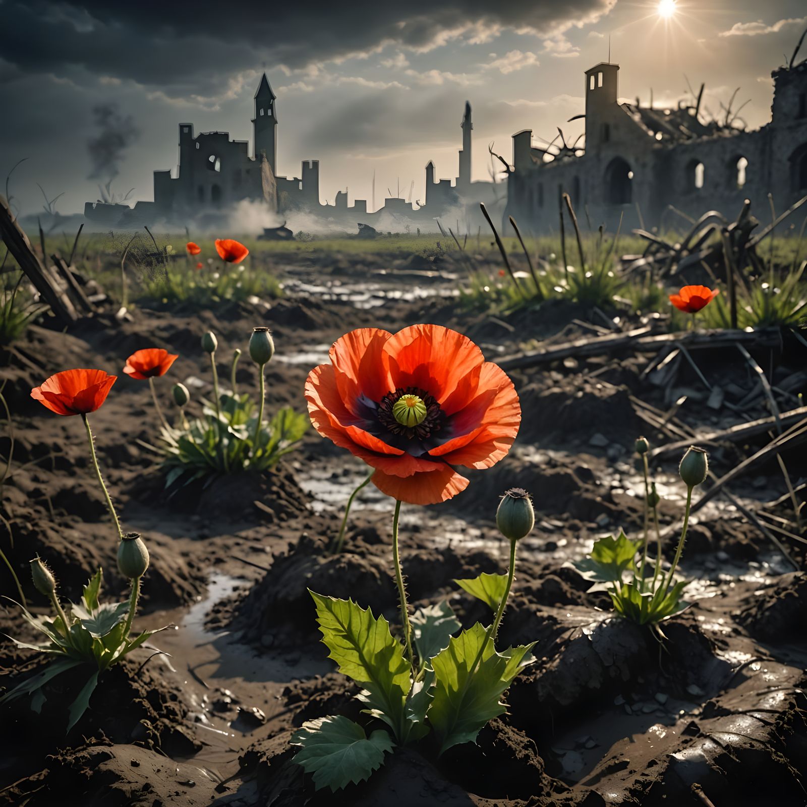 Poppy Blooms in WWI No-Man's Land, Macro Photograph
