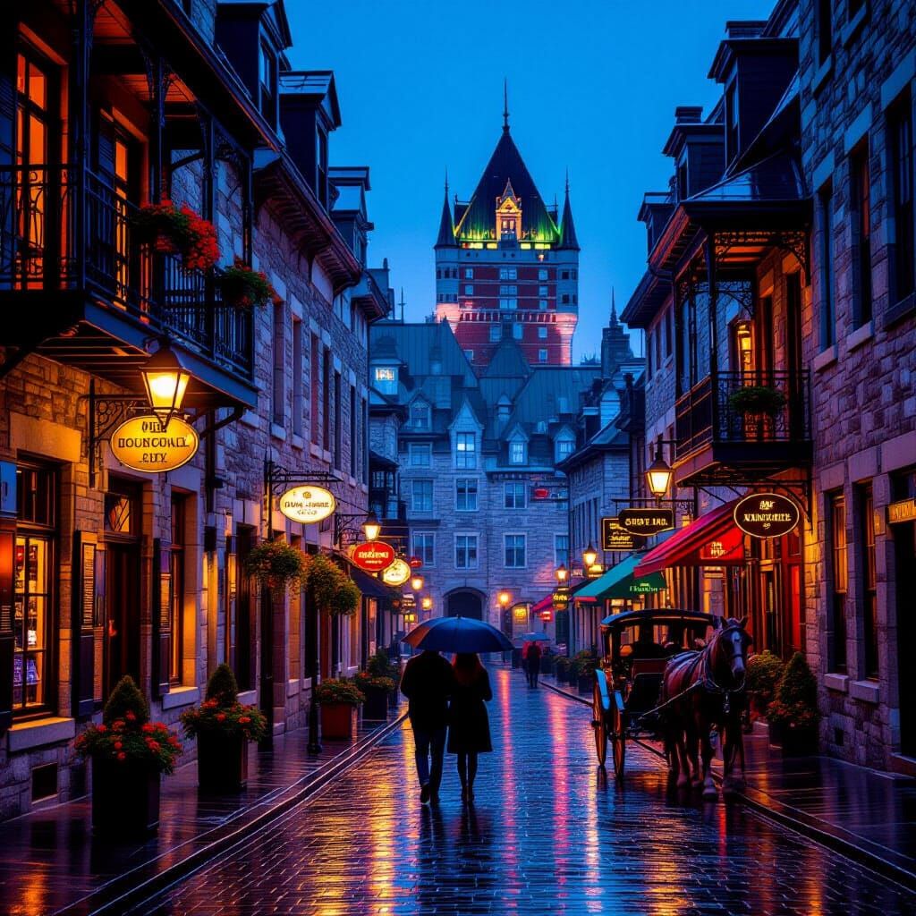 Romantic Quebec City Street Scene at Night