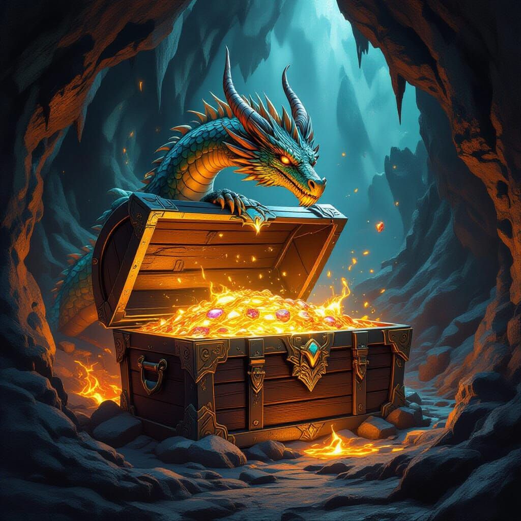 Iridescent Dragon Guarding Treasure in Volcanic Cave