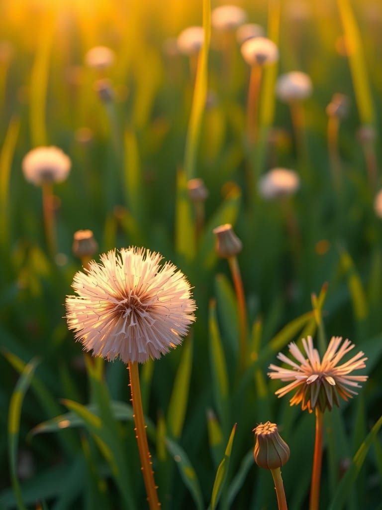 Pink Dandelion Blooms in a Lush Impressionist Meadow
