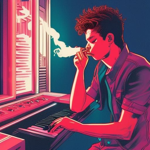 Teenager Smoking Keyboard in Synthwave Comic Art