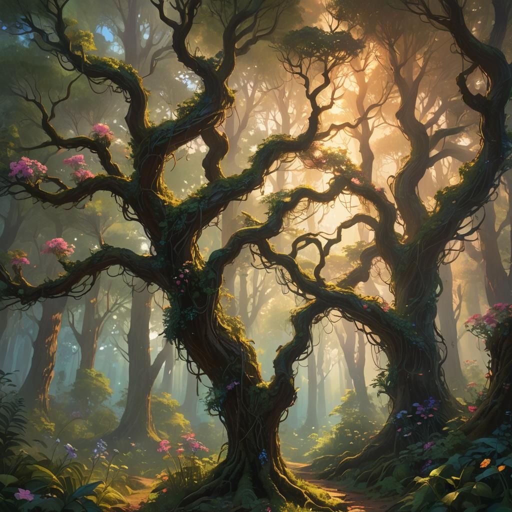 Mystical Forest at Sunset: Fantasy Concept Art