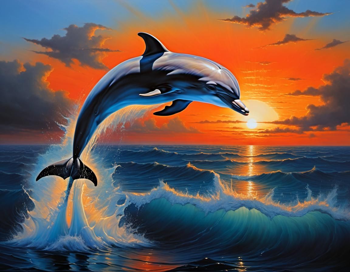 Dolphin Silhouette Leaping at Sunset, Impasto Oil Painting