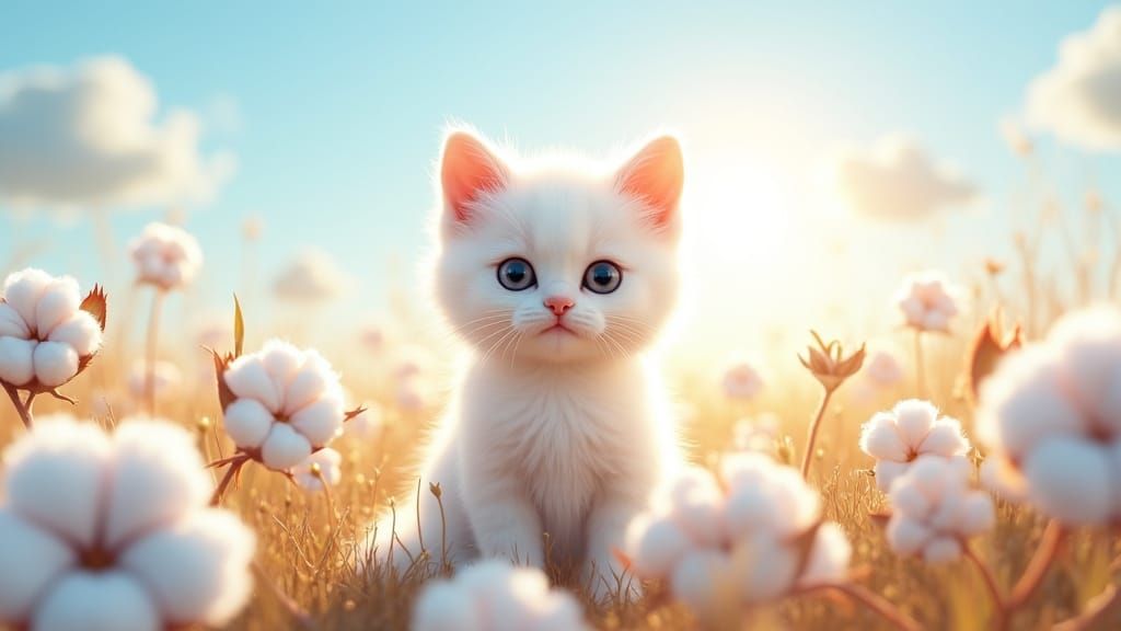 Whimsical White Kitten in Cotton Field