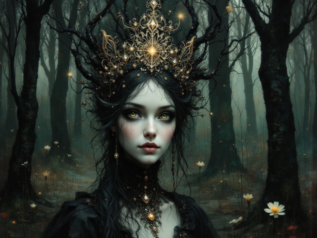 Gothic Nouveau Woman in Dark Forest