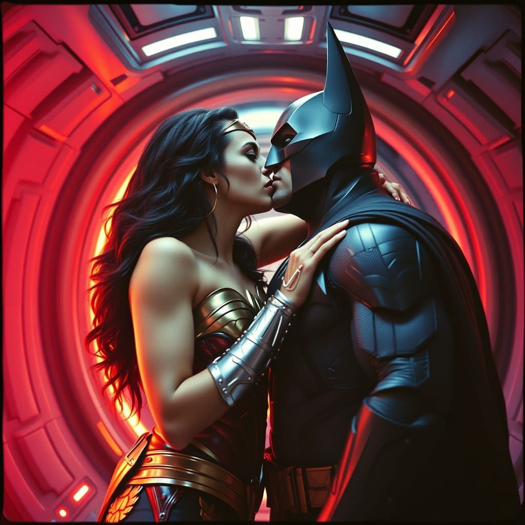 Wonder Woman Passionately Kisses Batman in a Cosmic, 35mm Fi...
