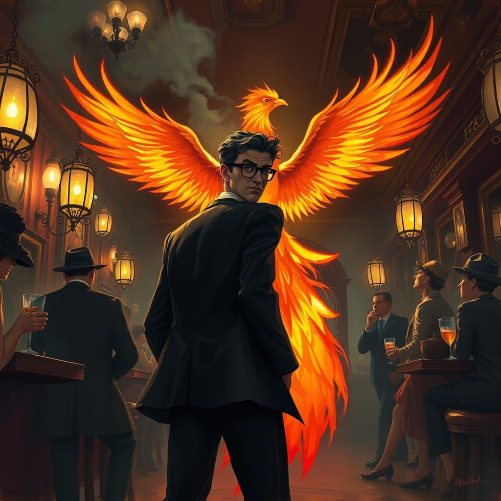 Sorcerer and Phoenix in 1920s Speakeasy, Art Deco Style