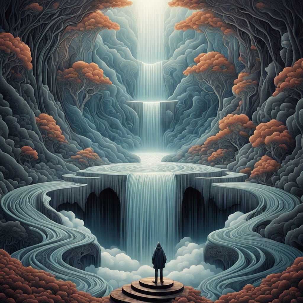 Misty Figure Trapped in Whirling Zentangle Waterfall