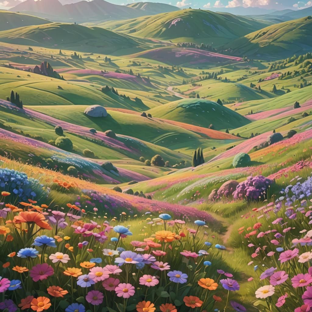 Pixar-Inspired Whimsical Meadow with Fluffy Hills