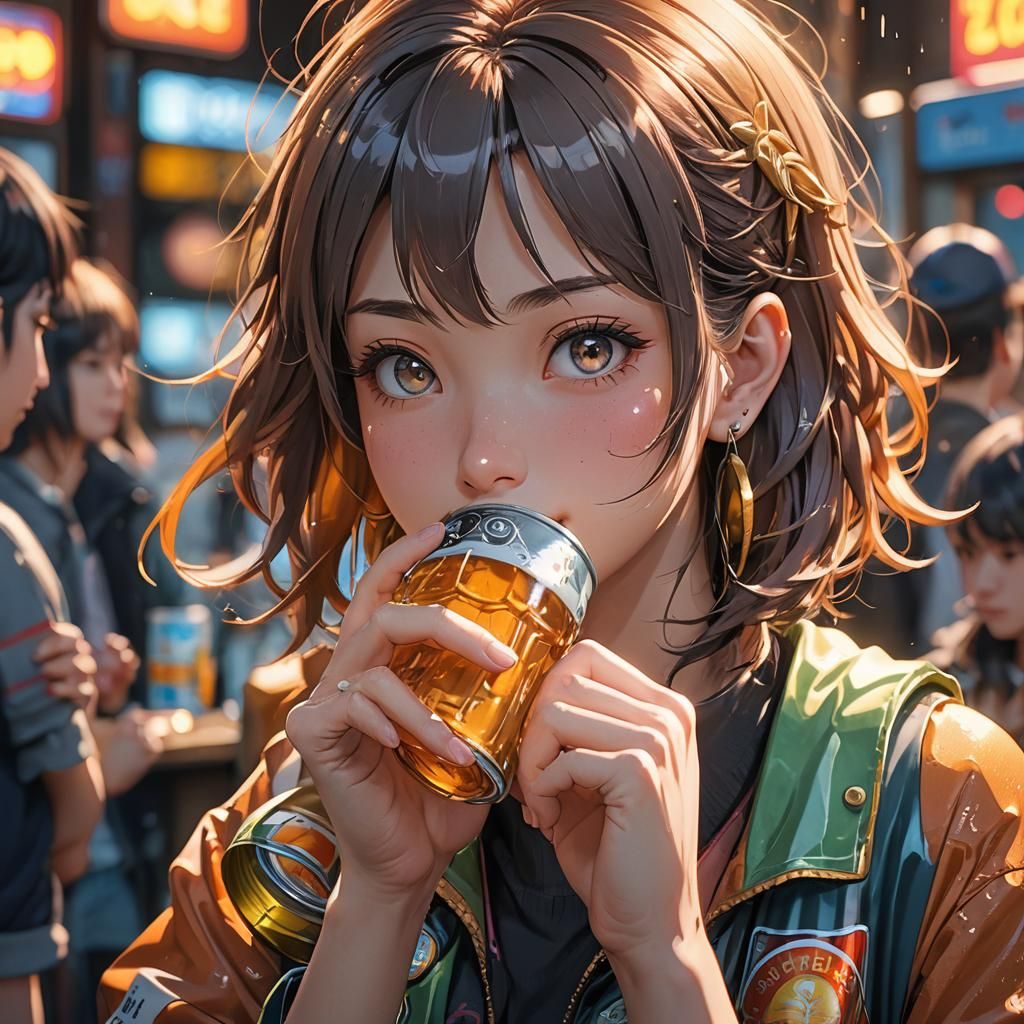 Anime Girl Drinking Beer in 3D Render