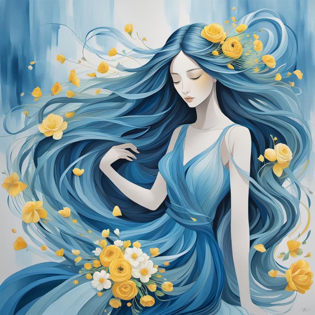 Ethereal Woman with Flowing Hair and Flowers