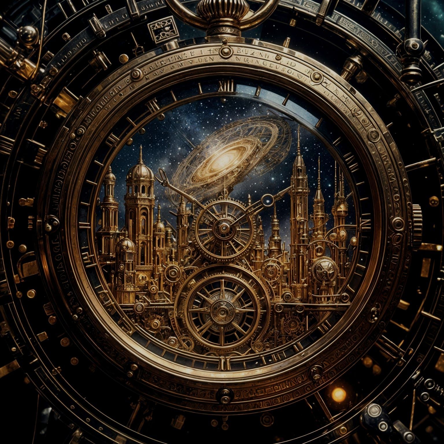Clockwork City Inside a Pocket Watch, Steampunk Fantasy Art