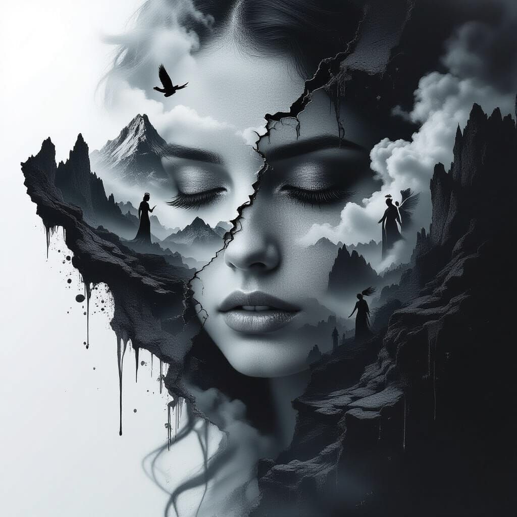 Ethereal Double Exposure of Woman and Apocalyptic Landscape