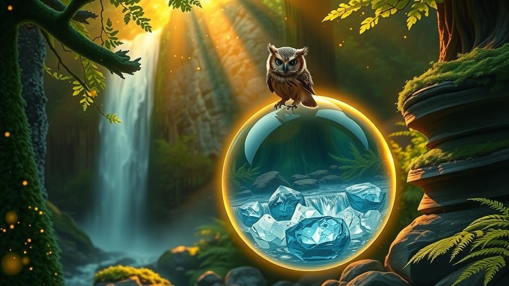 Mystical Forest Scene with Glowing Sphere and Owl
