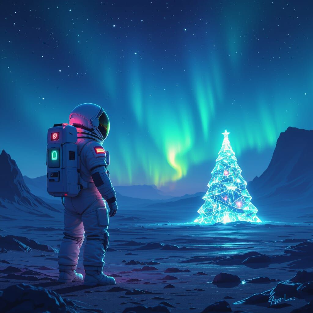 Astronaut on Alien World with Neon Accents and Crystal Tree