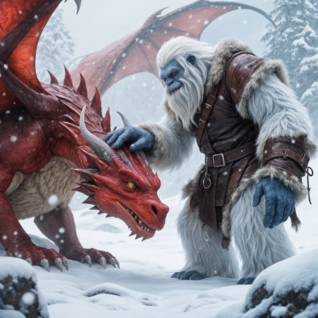 Giant Yeti and Friendly Dragon in Snowy Fantasy Landscape
