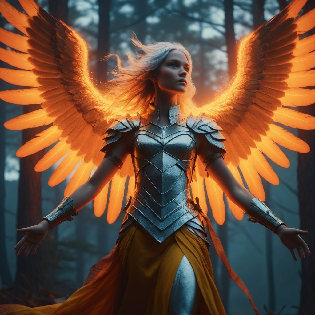 Surreal Silver Angel Ignites with Golden Flames