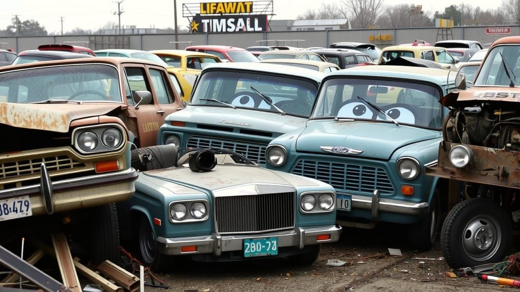 cars parked haphazardly in a junkyard, their headlights and ...