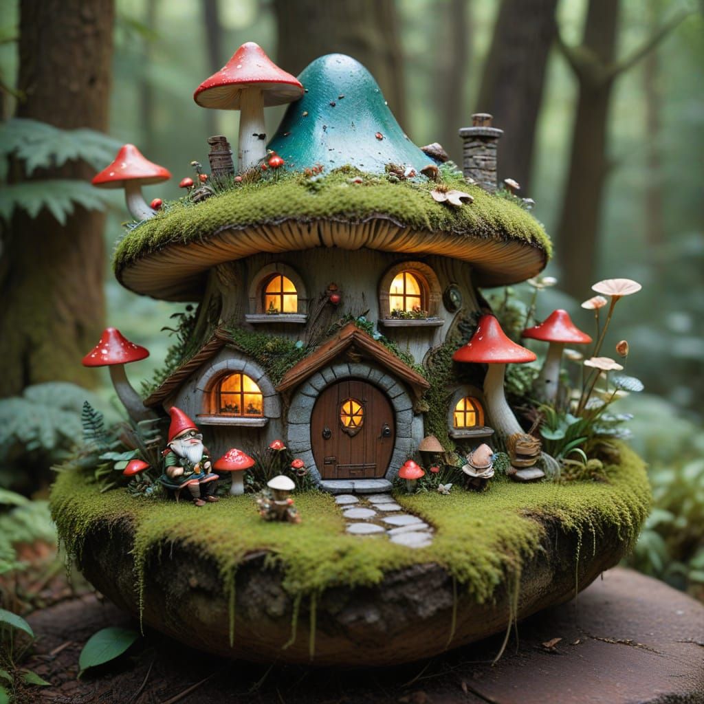 Miniature Village Inside Mushroom, Ethereal Fantasy Art