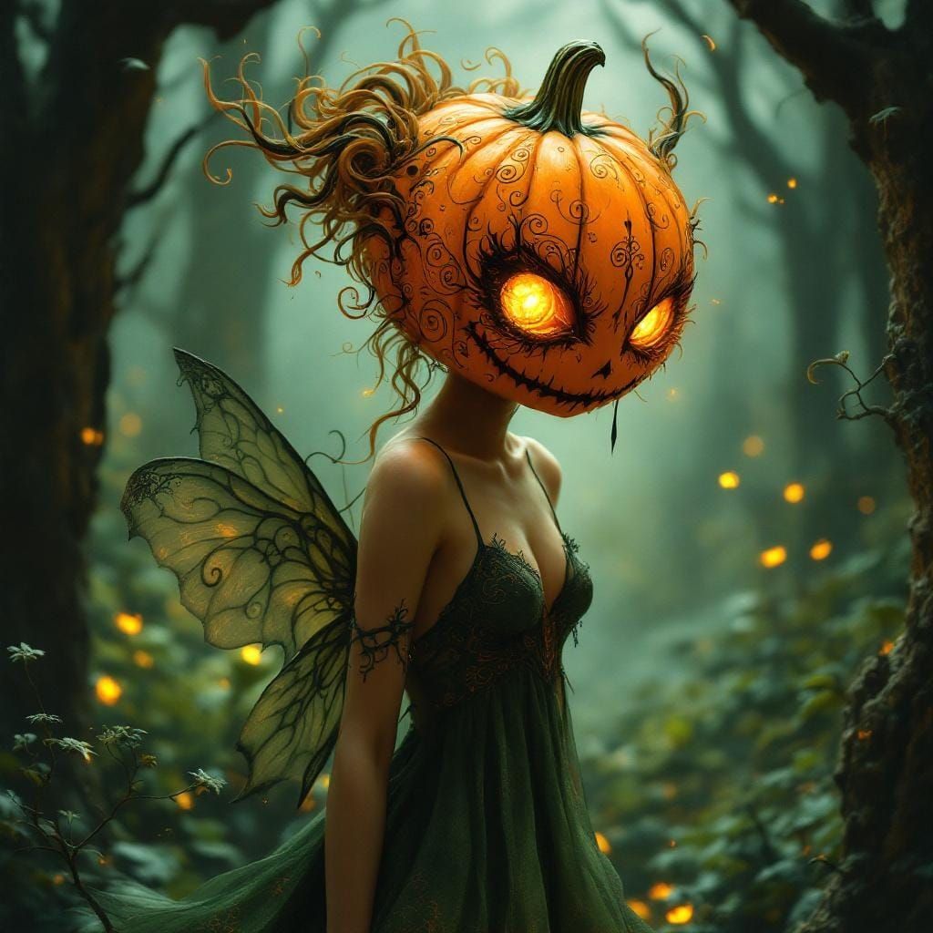 Mischievous Jack O'Lantern Fairy in Green Dress