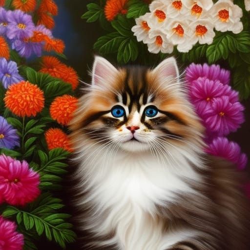 group of beautiful fluffy long haired kittens with big bright reflective eyes around an ornate vase filled with colorful...
