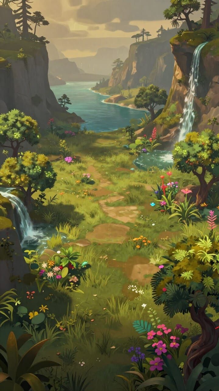 Lush Dota 2 Landscape with Waterfalls and Glowing Moss