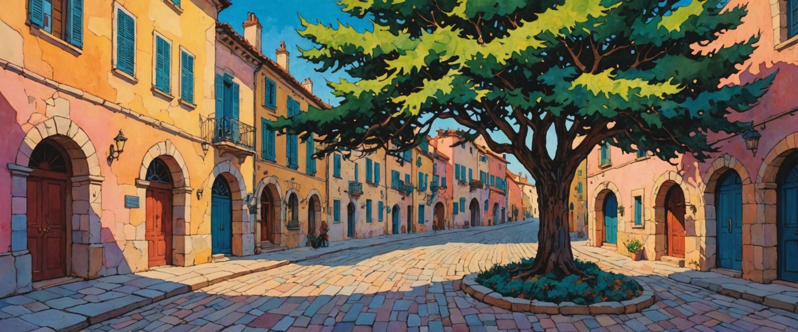 Vibrant Christmas Tree in Town Square Watercolor Painting