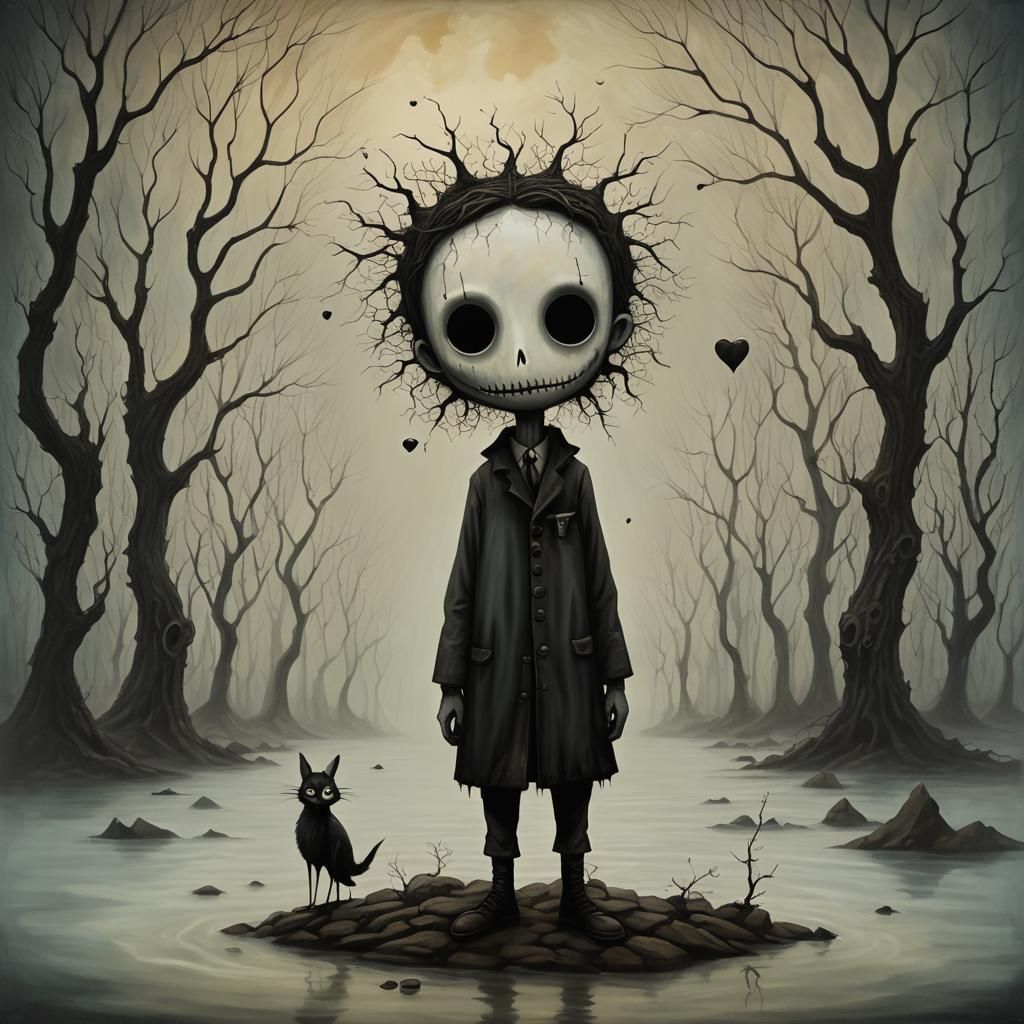 Boy Experiencing Joy and Despair: Surrealist Dark Fantasy