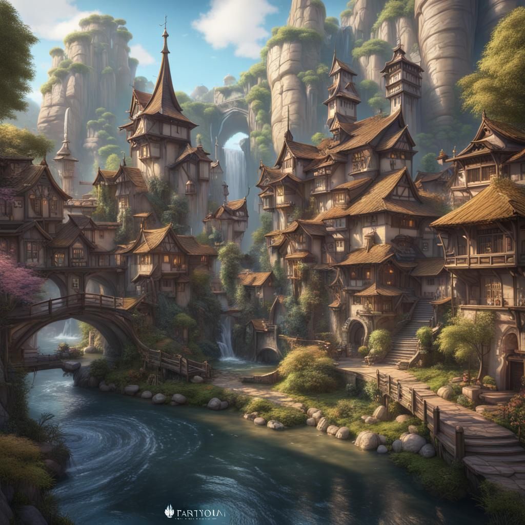 Picturesque Fantasy Village with Waterways in Pastel Palette