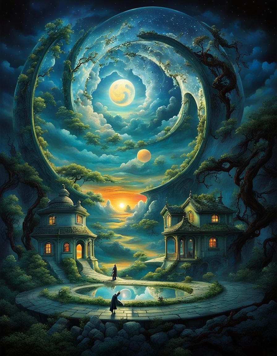 Surreal Yin-Yang Stargate with Bonsai and Cottages