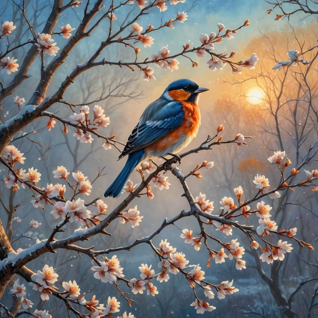 Bird on Spring Tree in Impressionist Style