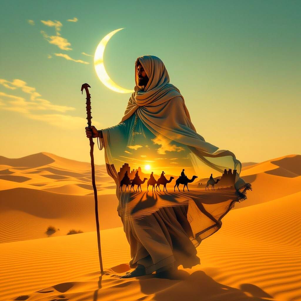 Desert Nomad Silhouette with Camel Caravan Double Exposure