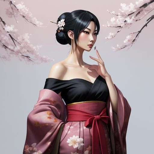 Ethereal Geisha in Anime Style with Cherry Blossoms