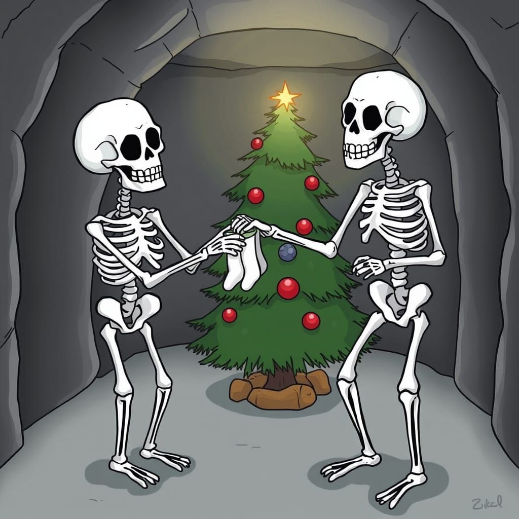 Skeletons Exchange Useless Gift in Crypt Cartoon