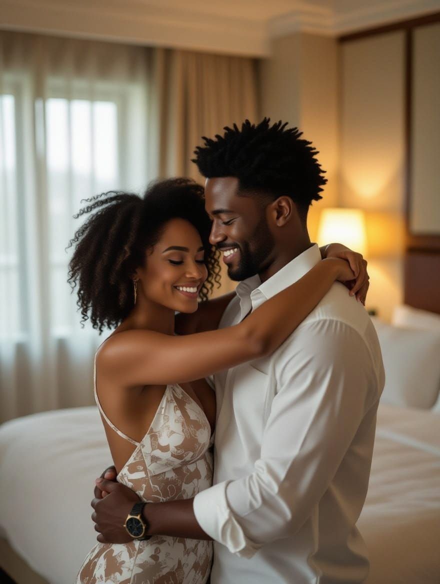 African American Couple Embracing in Luxurious Hotel Room
