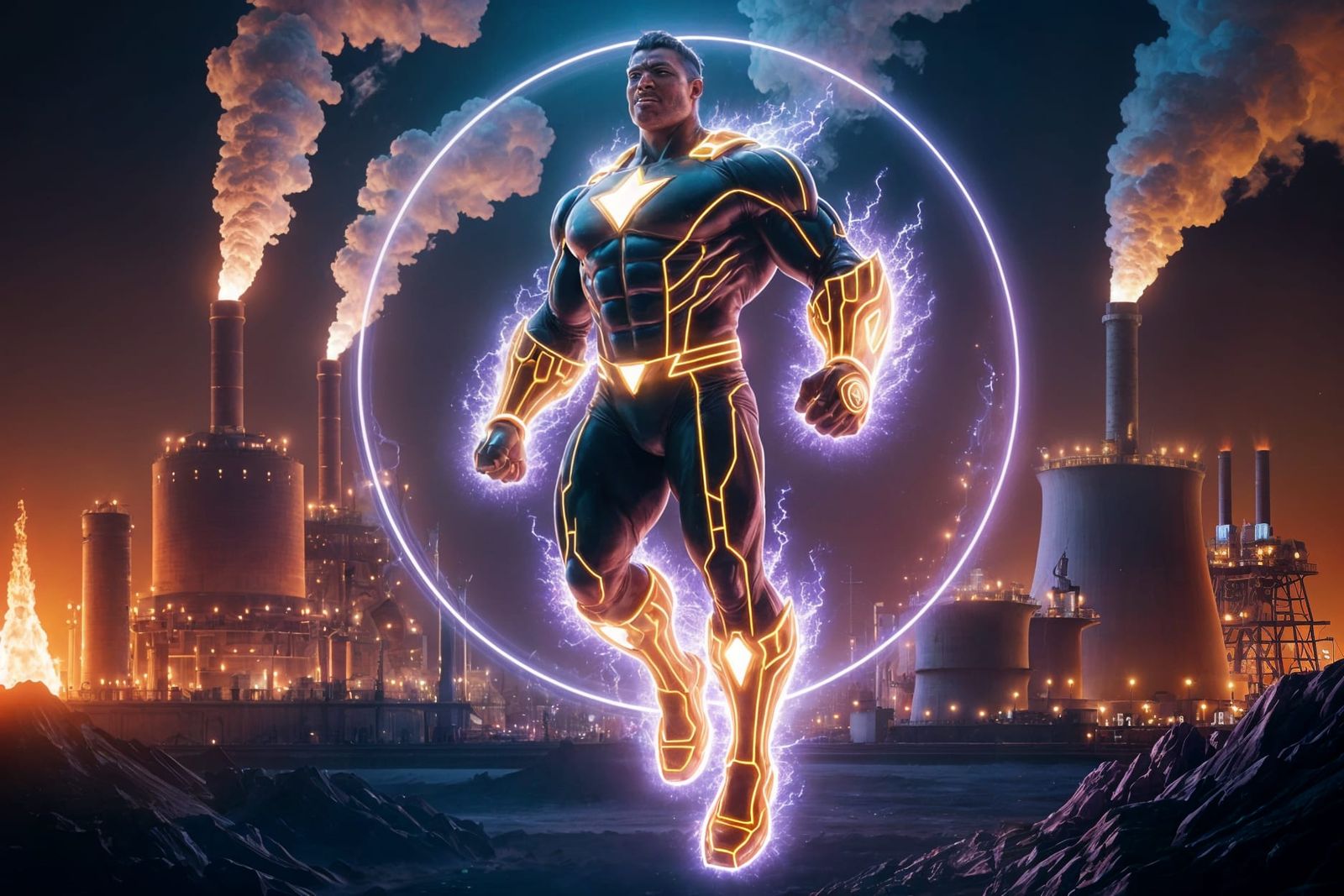Superhero Soaring in Front of Burning Power Plant