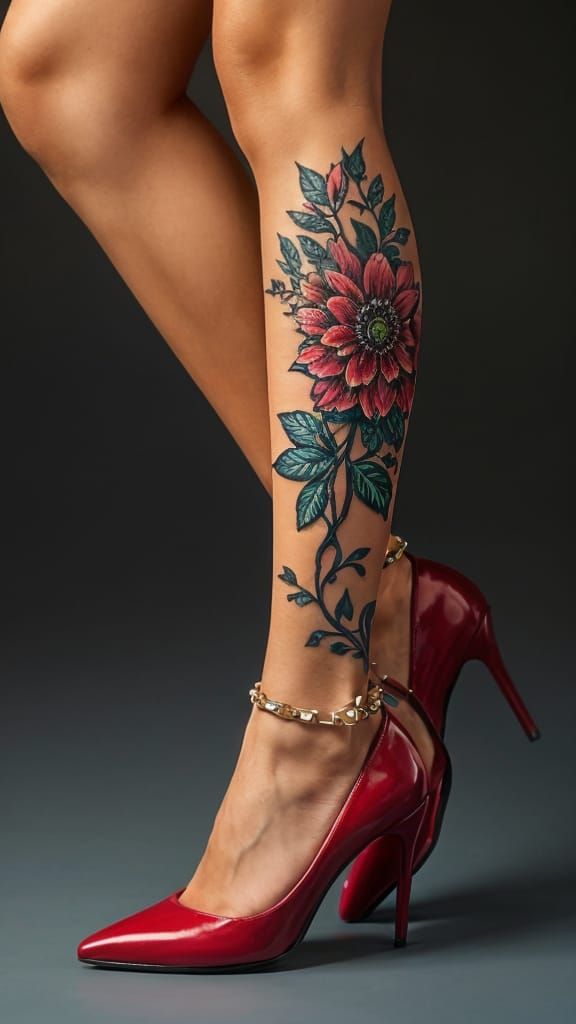 Woman's Legs with Red Pumps and Floral Tattoo