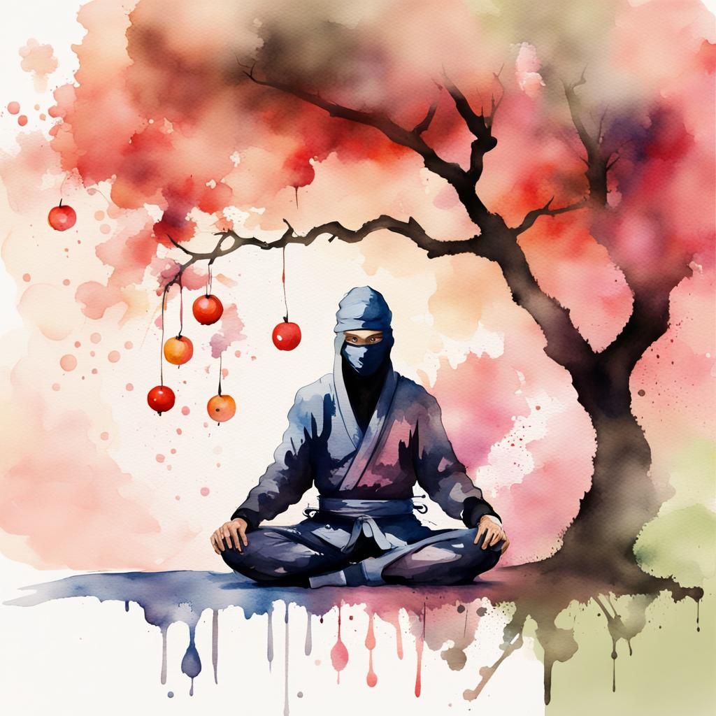 Ninja in Lotus Position with Tree Shadow