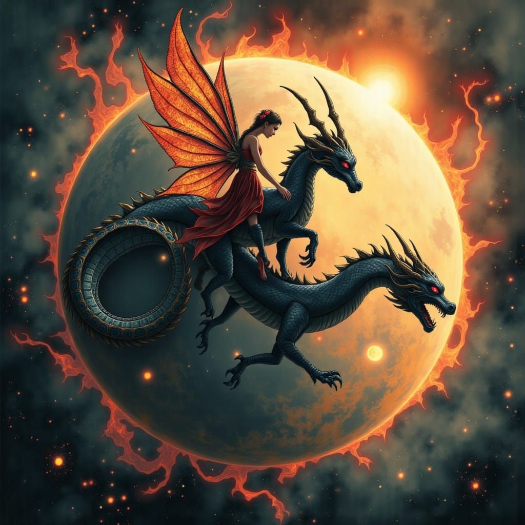 Cyberpunk Sci-Fi Fairy Rides Dragon Over Gas Giant with Frac...