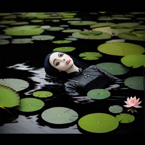 Goth girl swimming in lotus pond, photorealistic