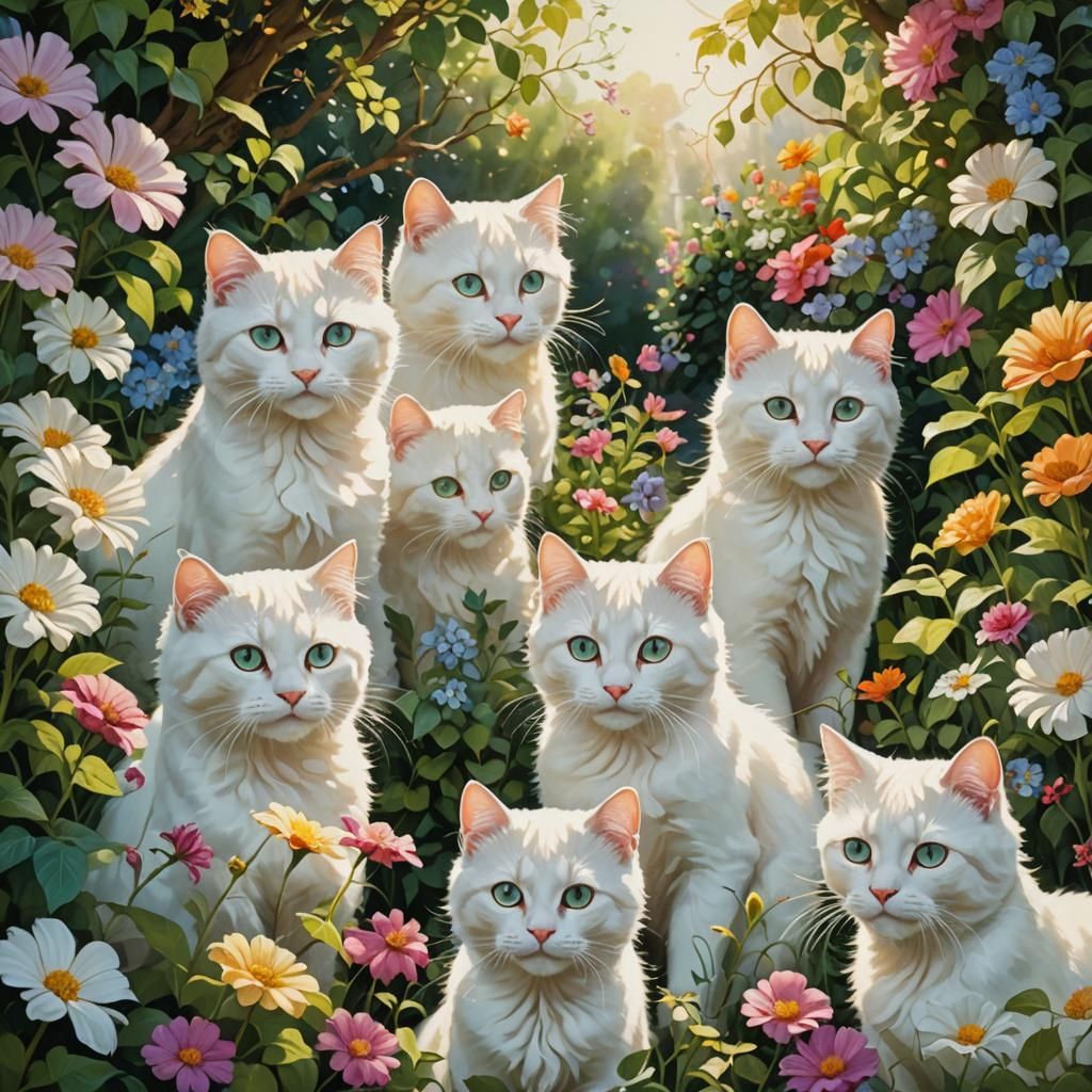 White Cats in Sunny Garden: Whimsical Fantasy Art