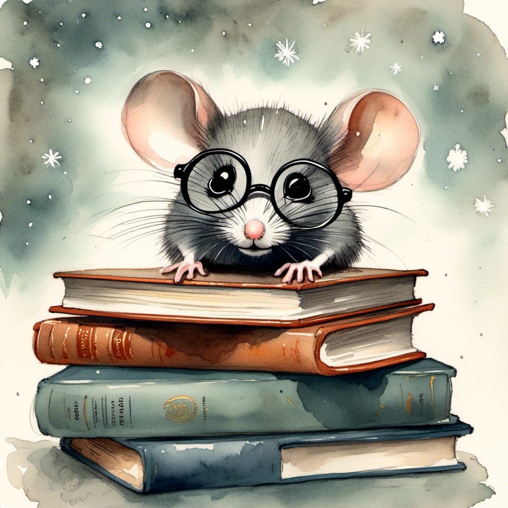 Mouse Reading Book in Winter, Watercolor Illustration