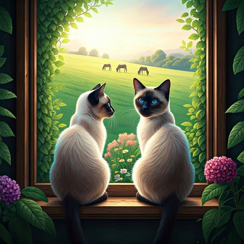 Serene Siamese Cats Contemplate Peaceful Countryside