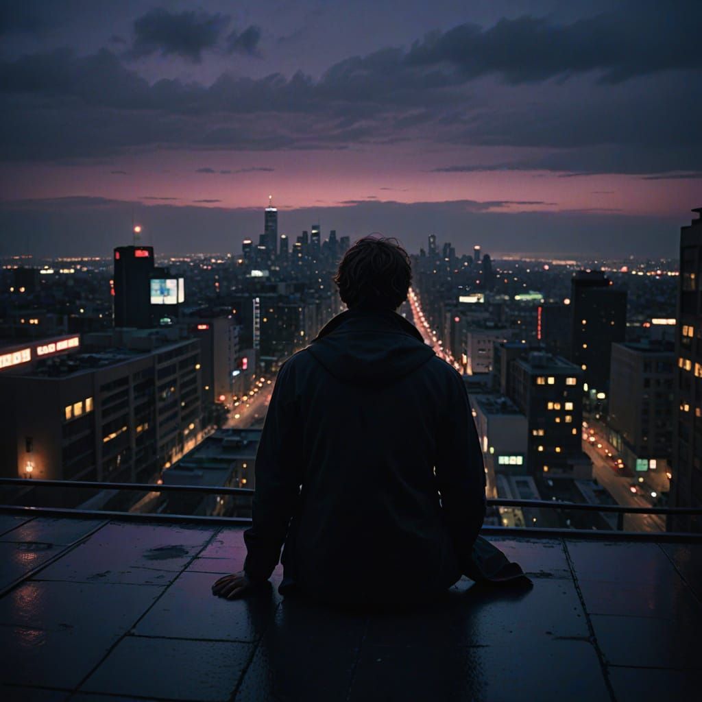 Moody Rooftop Scene in Film Noir Style