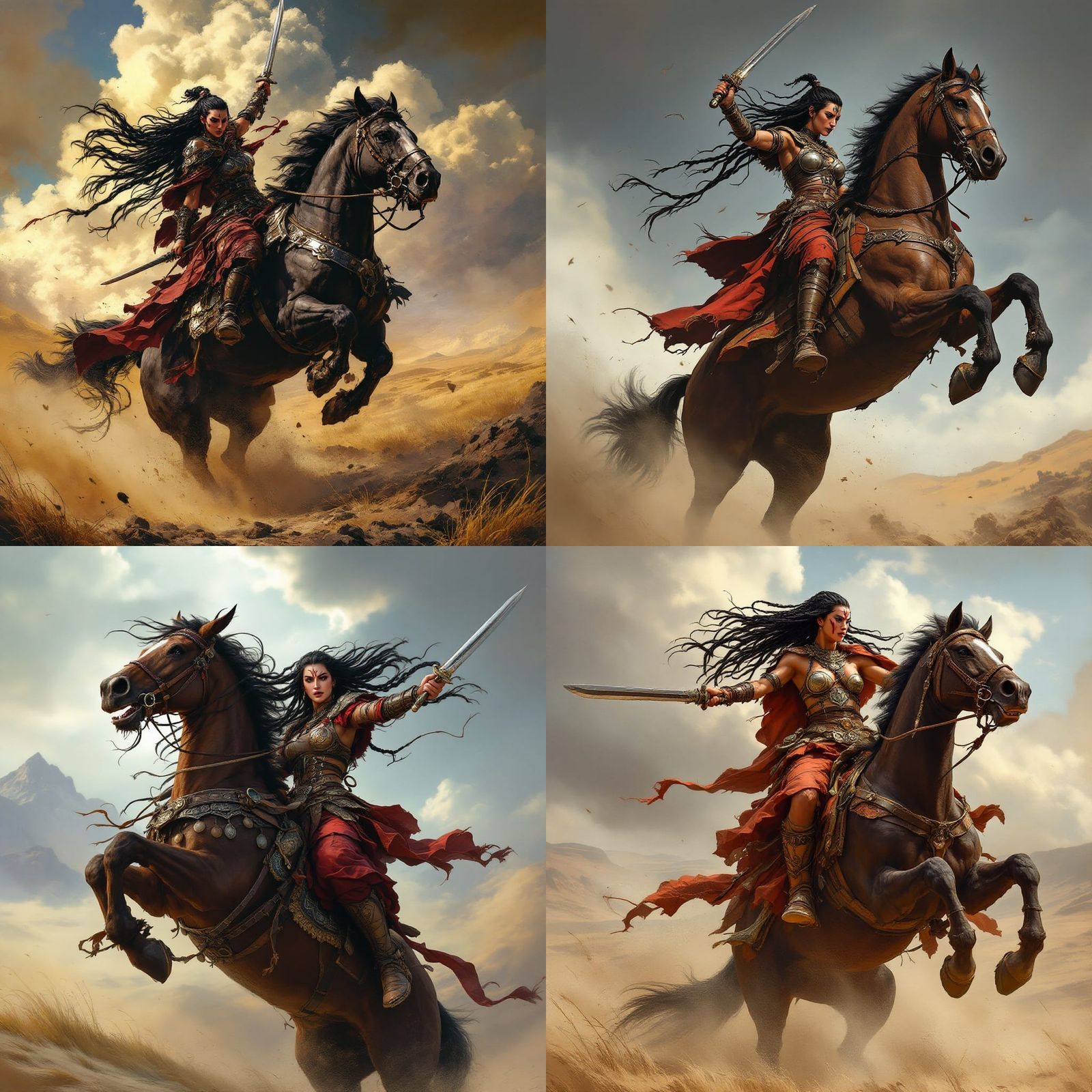 Mongolian Warrior Queen on Warhorse in Hyperrealistic Style
