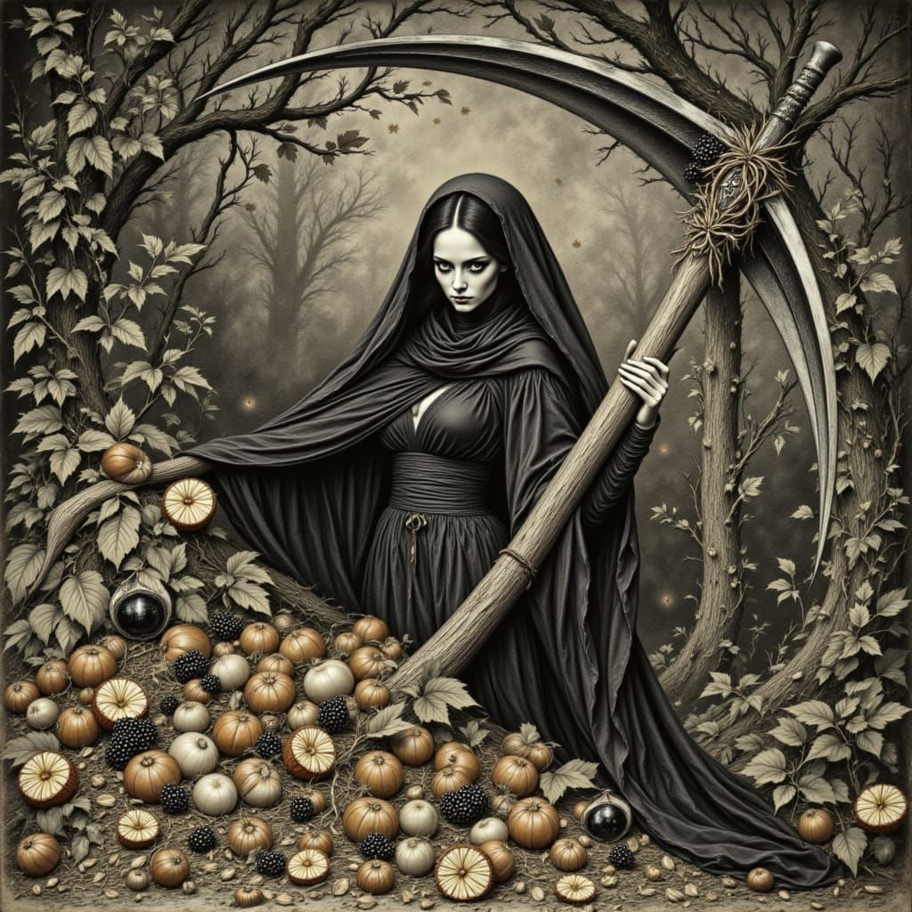 Lady of Death Reaping Harvest in Gothic Style