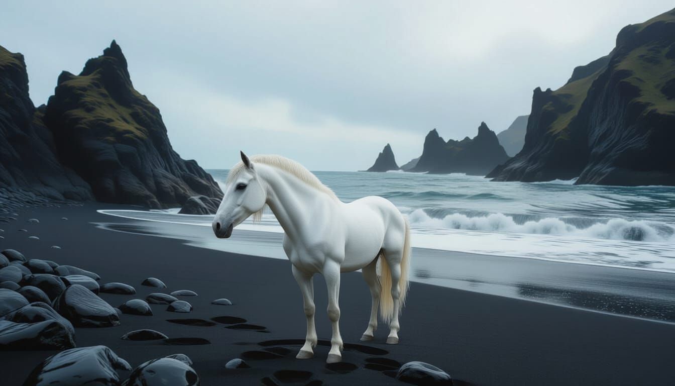 Woman in White Dress on Black Sand Beach
