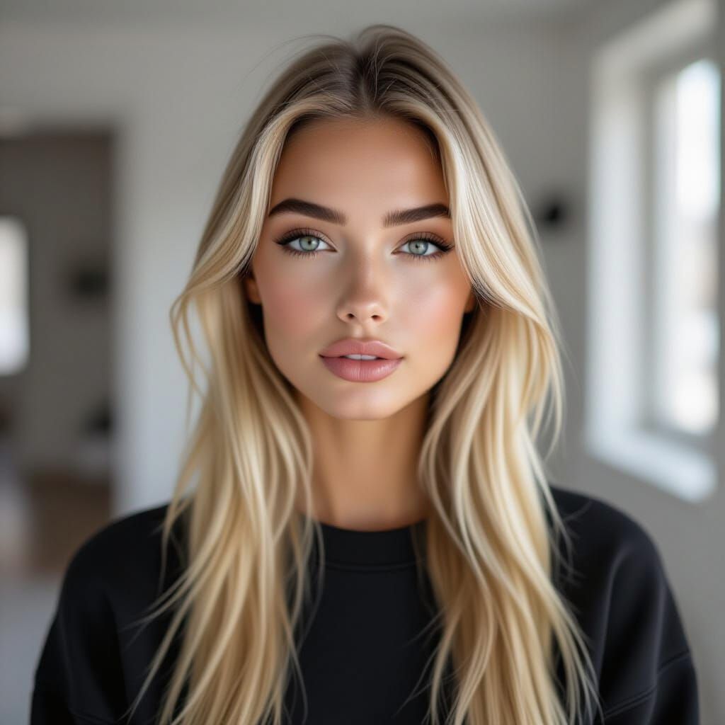 Close-Up Fashion Model Portrait with Blonde Hair and Bushy E...