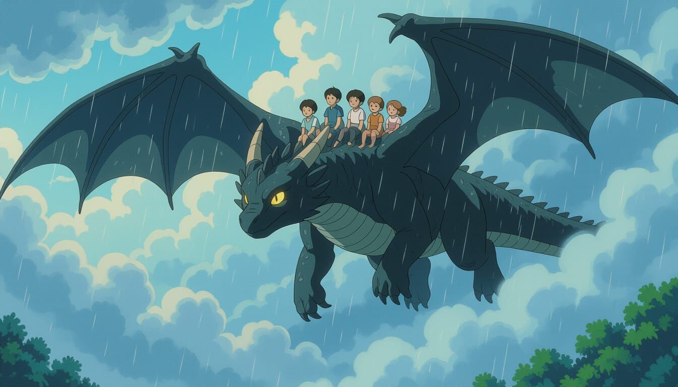 Shadow Dragon Shelters Orphans in Ghibli-Style Storm