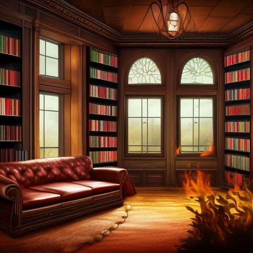 Cozy Library Interior with Autumn View